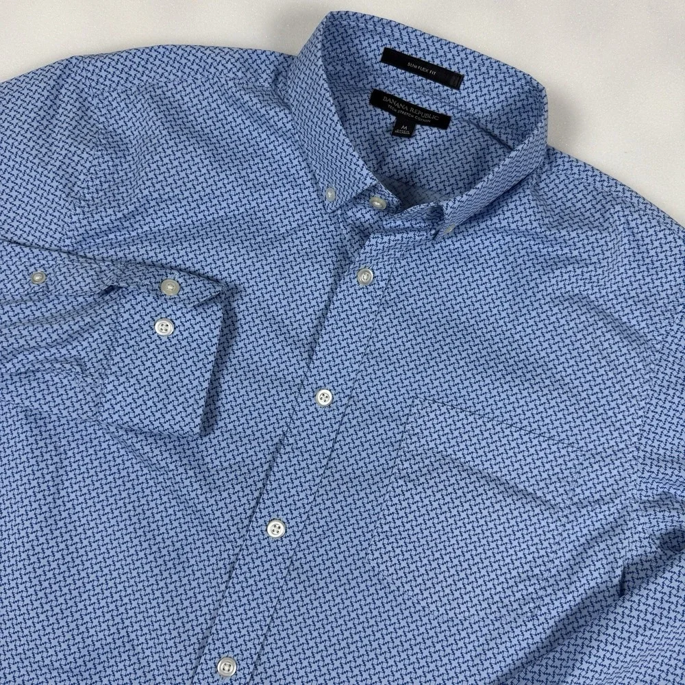 Banana Republic Men M Blue Geometric Print Tech Stretch Slim Flex Fit Shirt